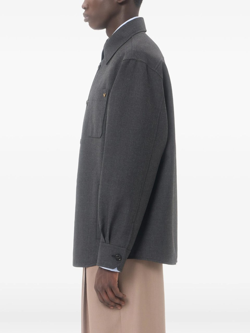 Valentino Boxy Grey Wool Jacket with Classic Collar and Metallic Detail Zwart
