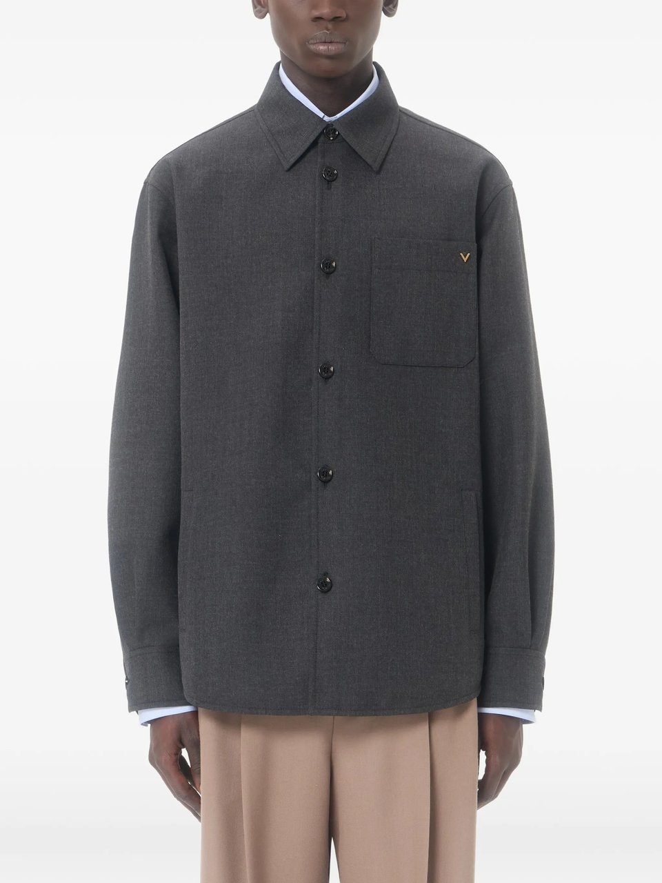Valentino Boxy Grey Wool Jacket with Classic Collar and Metallic Detail Zwart