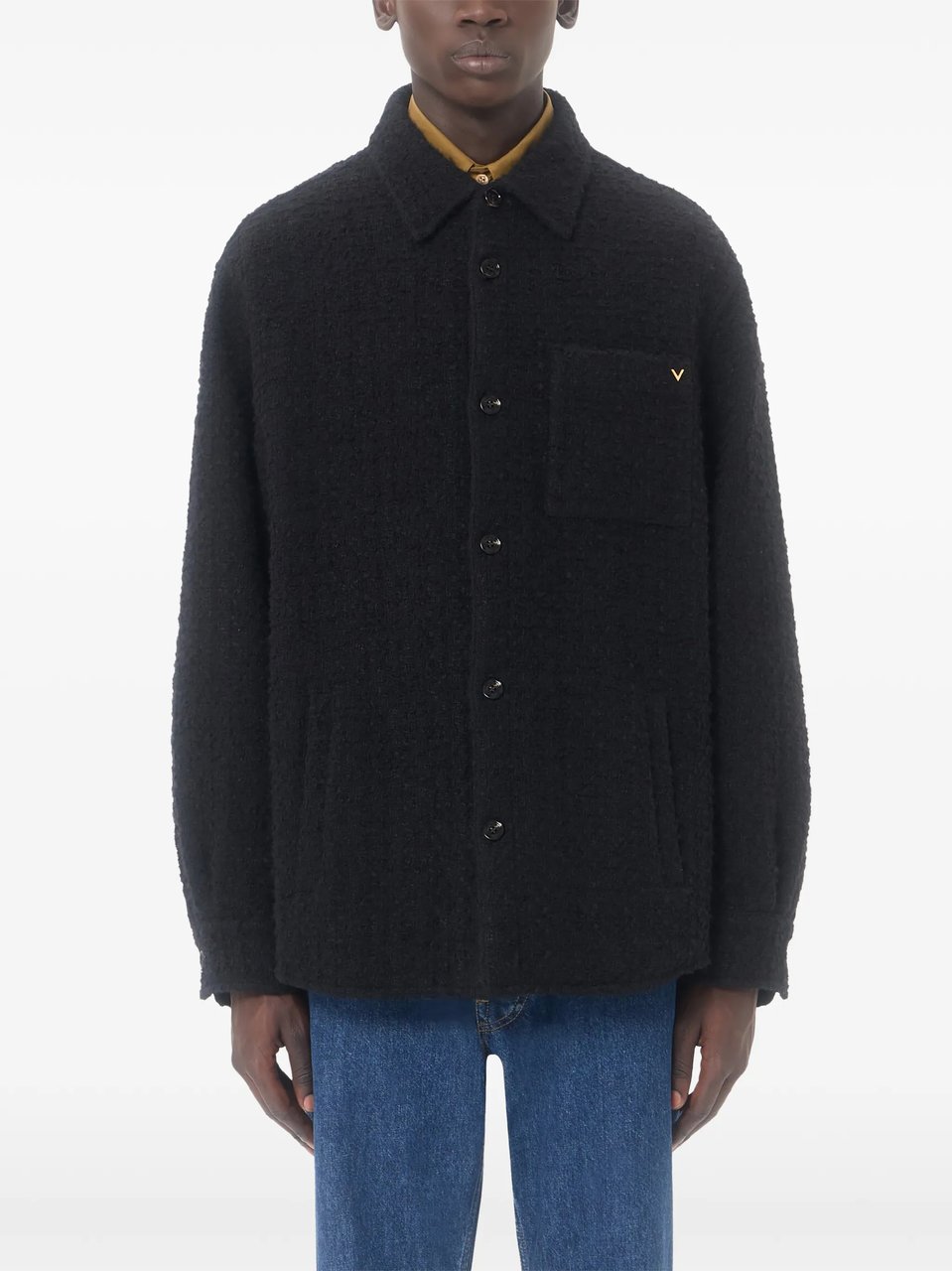 Valentino Textured Black Button-Up Jacket with Classic Collar and Subtle Logo Zwart
