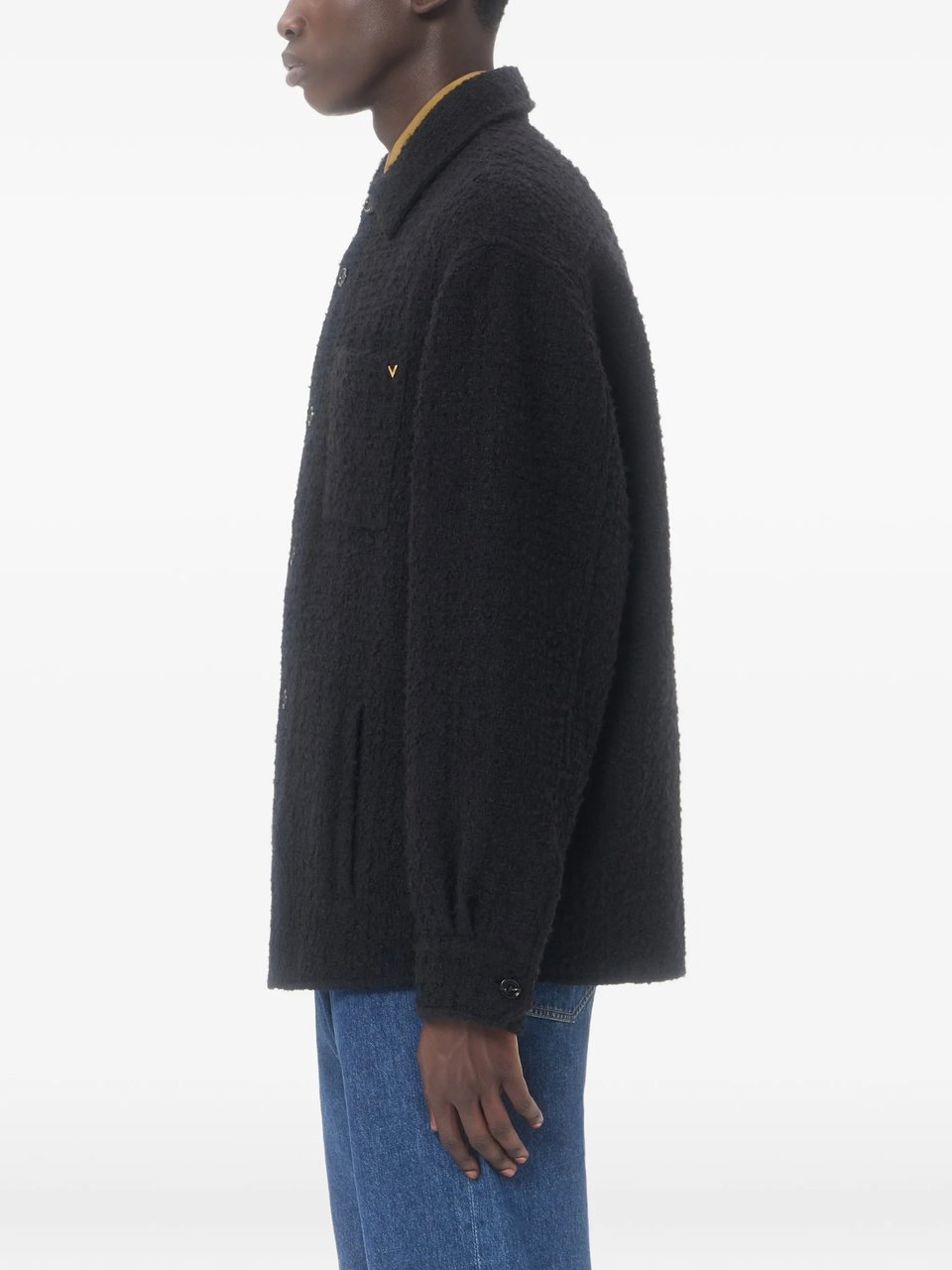 Valentino Textured Black Button-Up Jacket with Classic Collar and Subtle Logo Zwart
