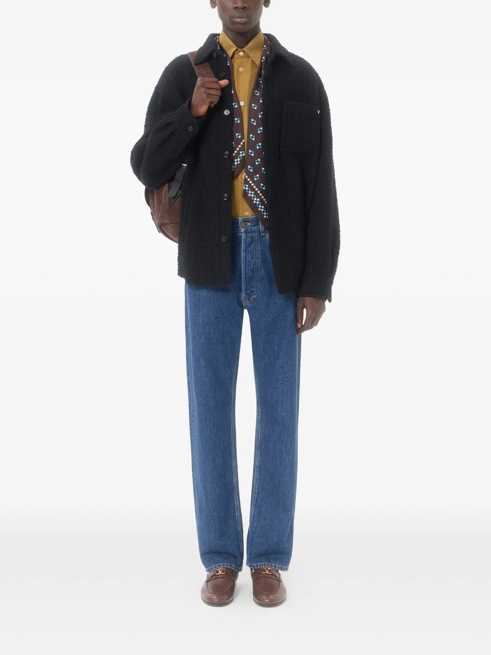 Valentino Textured Black Button-Up Jacket with Classic Collar and Subtle Logo Zwart
