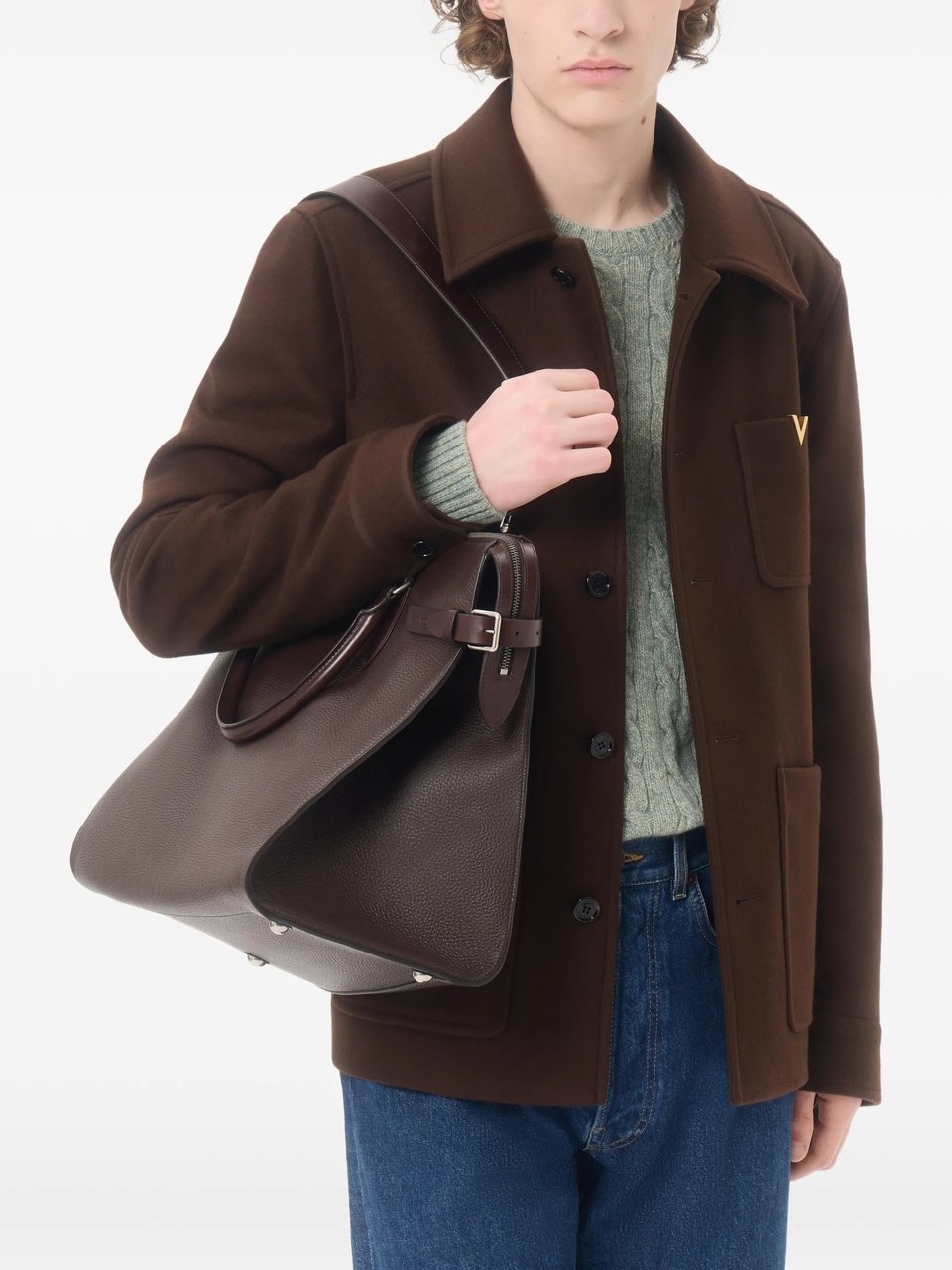 Valentino Boxy Wool Caban Jacket with Classic Collar and Metallic Detail Zwart