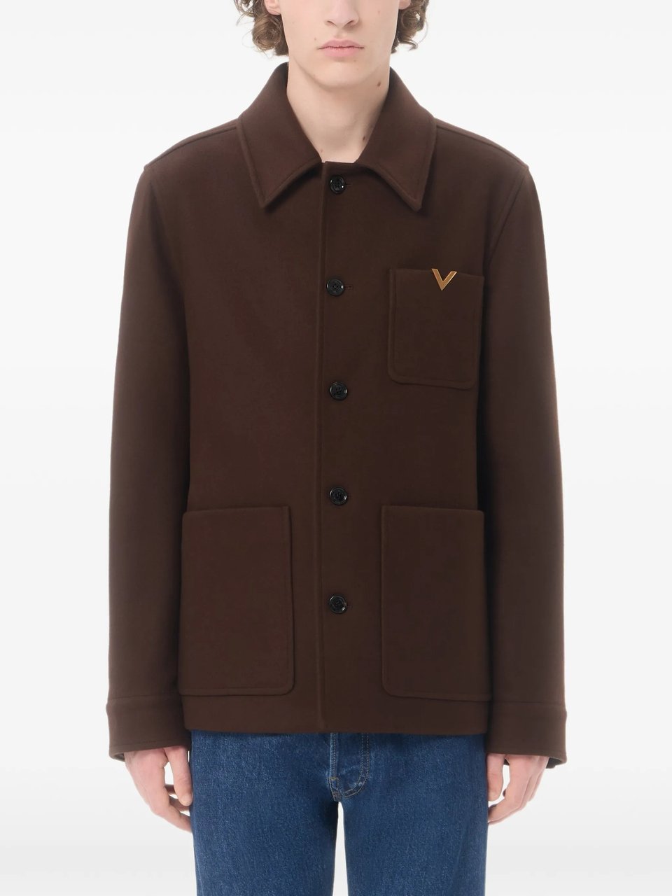 Valentino Boxy Wool Caban Jacket with Classic Collar and Metallic Detail Zwart