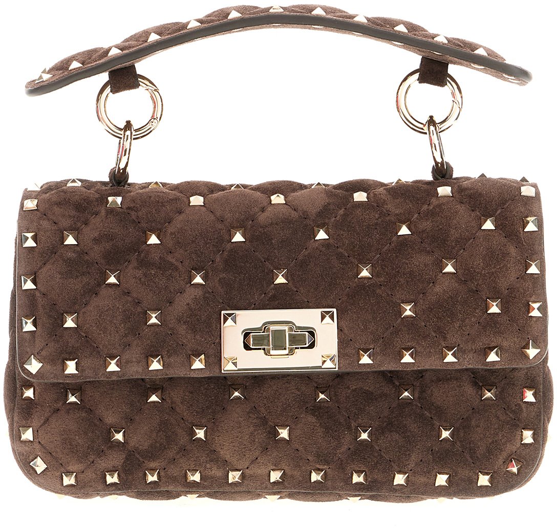 Valentino Garavani Chocolate Rockstud Spike suede handbag Bruin