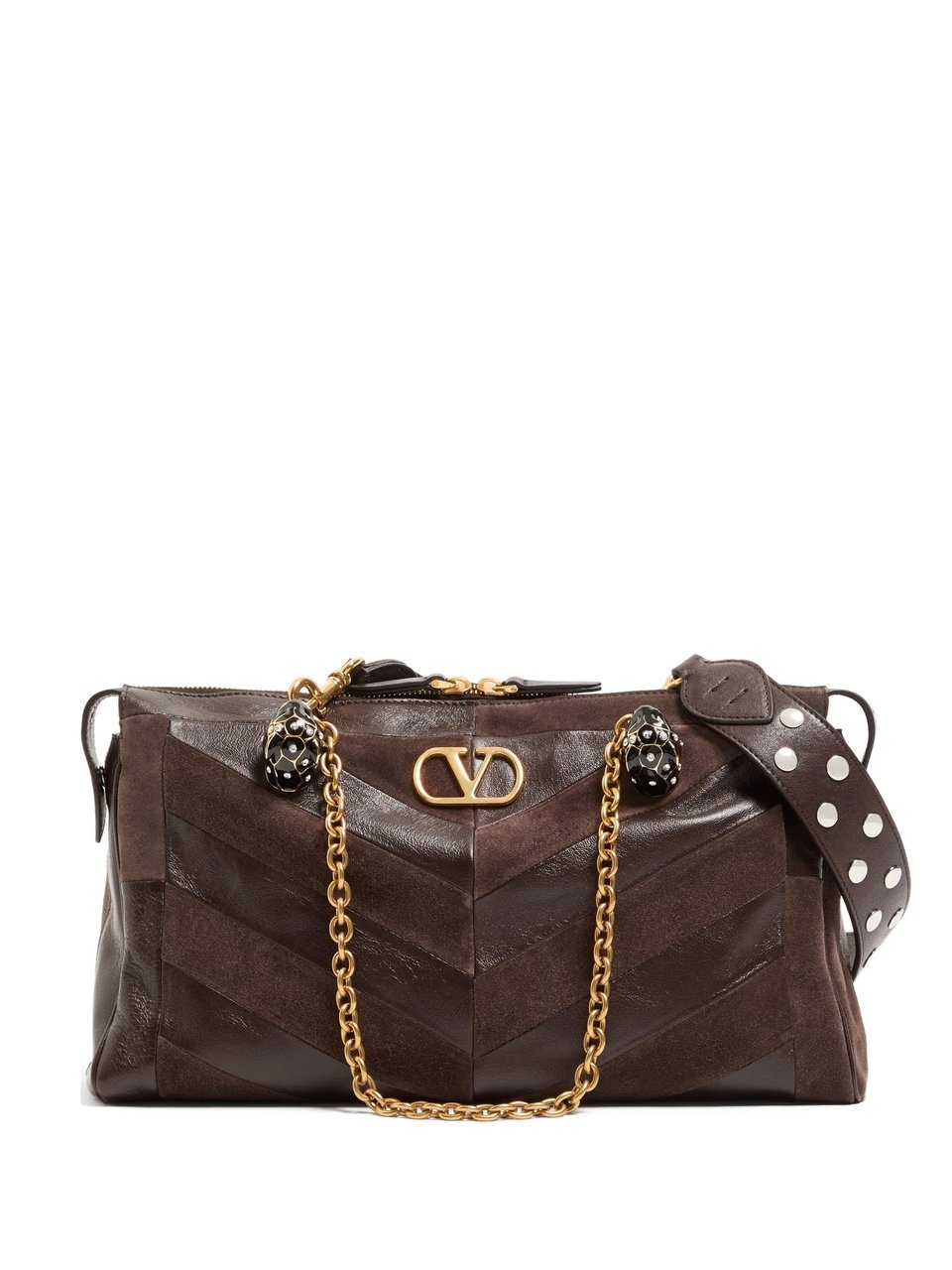 Valentino Medium Suede Shoulder Bag With Chevron Design And Chain Strap Zwart