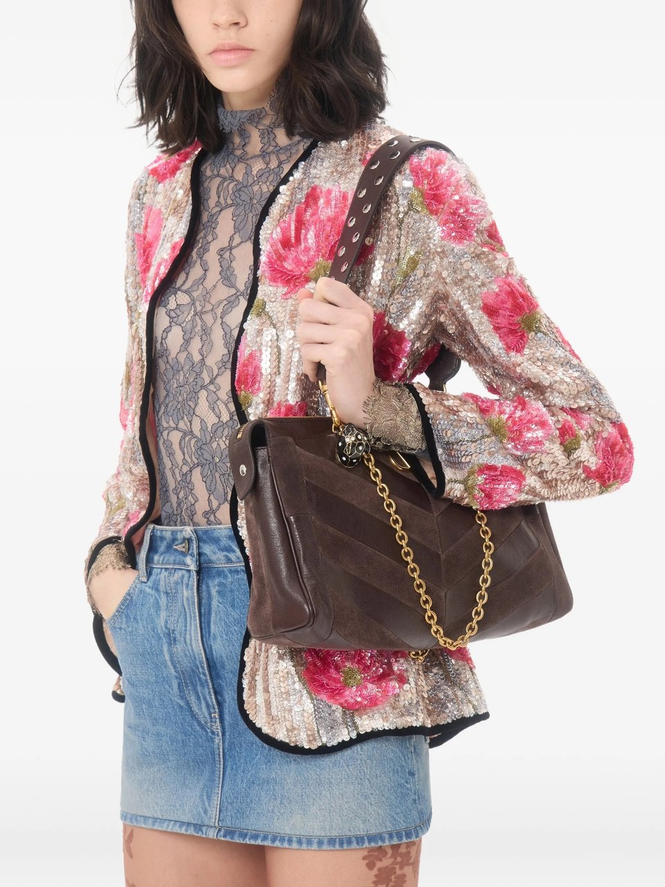 Valentino Medium Suede Shoulder Bag With Chevron Design And Chain Strap Zwart