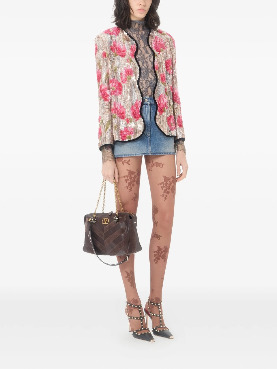 Valentino Medium Suede Shoulder Bag With Chevron Design And Chain Strap Zwart