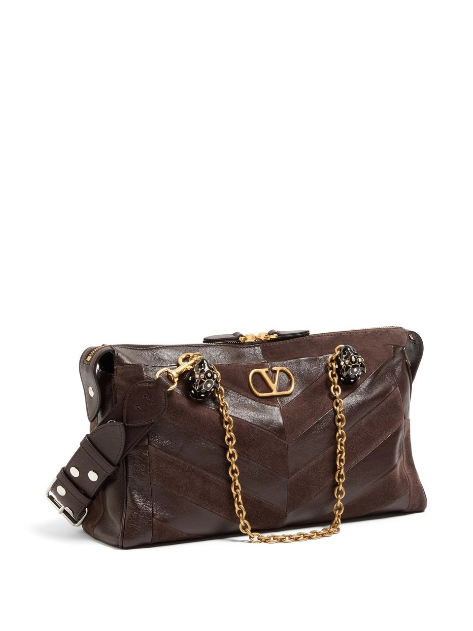 Valentino Medium Suede Shoulder Bag With Chevron Design And Chain Strap Zwart