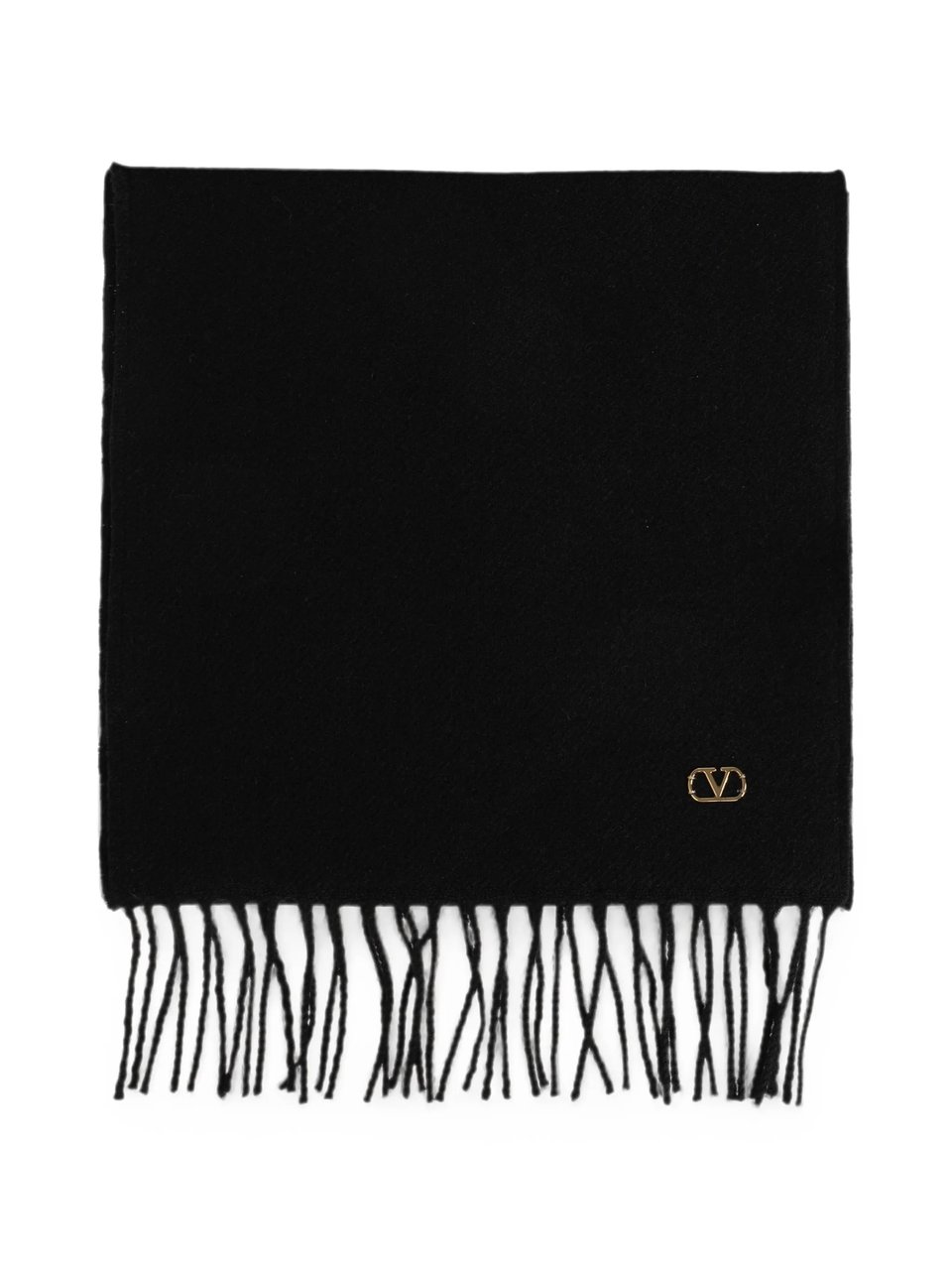 Valentino Fringed Black Cashmere Scarf with Gold-Tone Detail Zwart