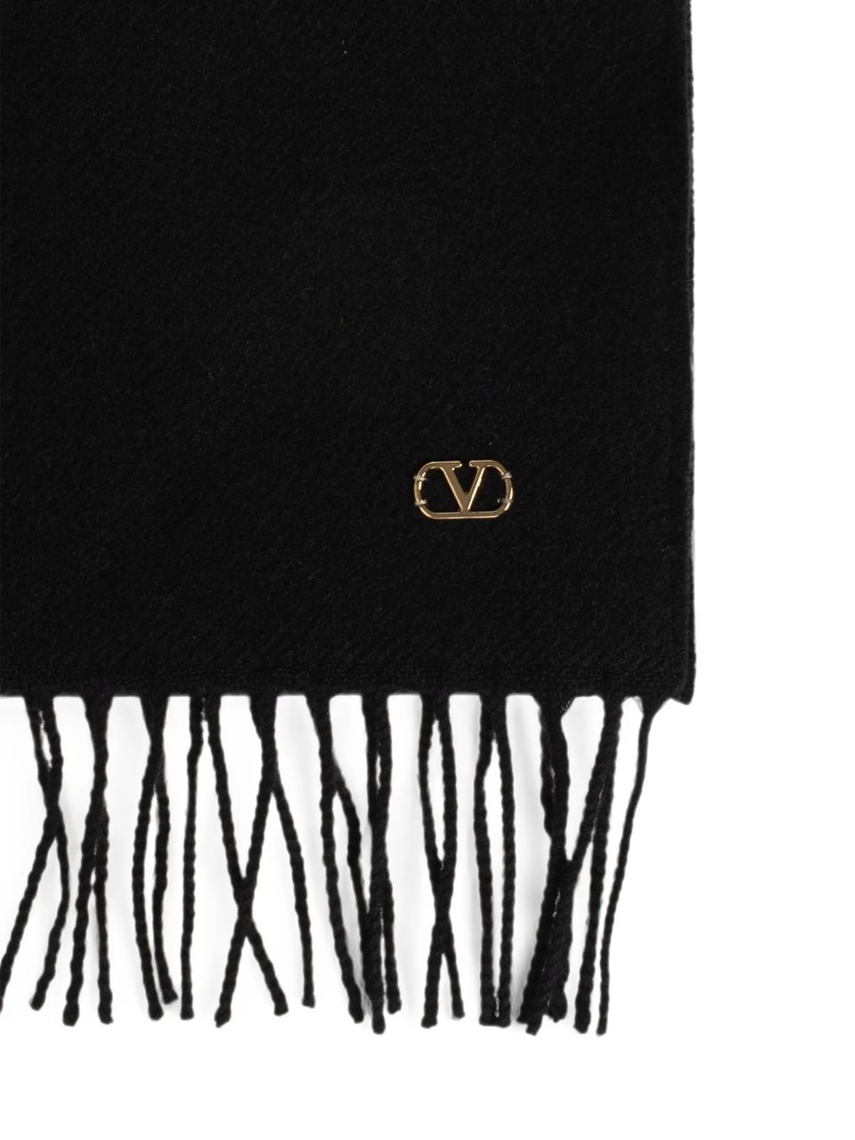 Valentino Fringed Black Cashmere Scarf with Gold-Tone Detail Zwart