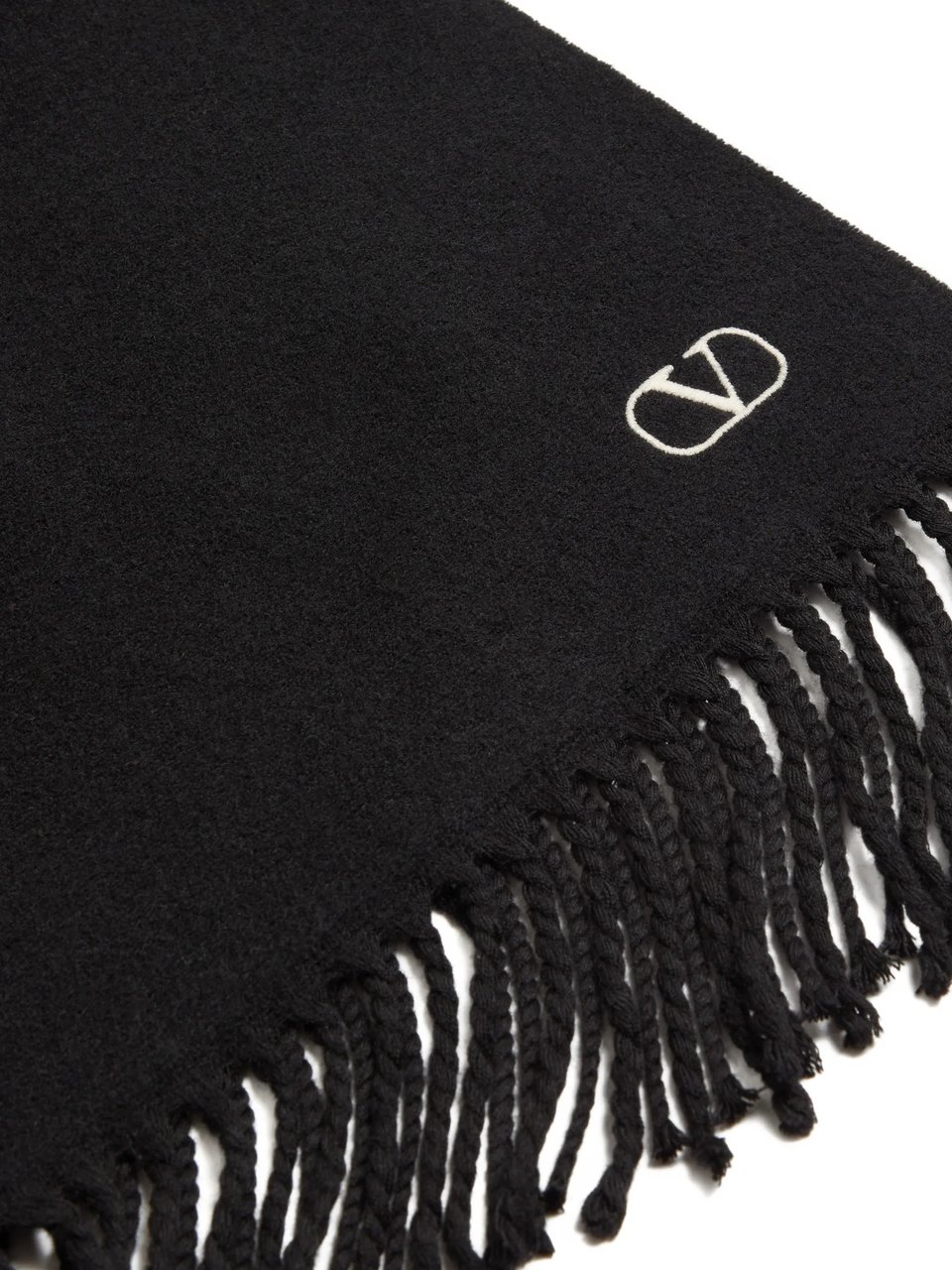 Valentino Fringed Black Wool Scarf with Minimalist Embroidery Zwart