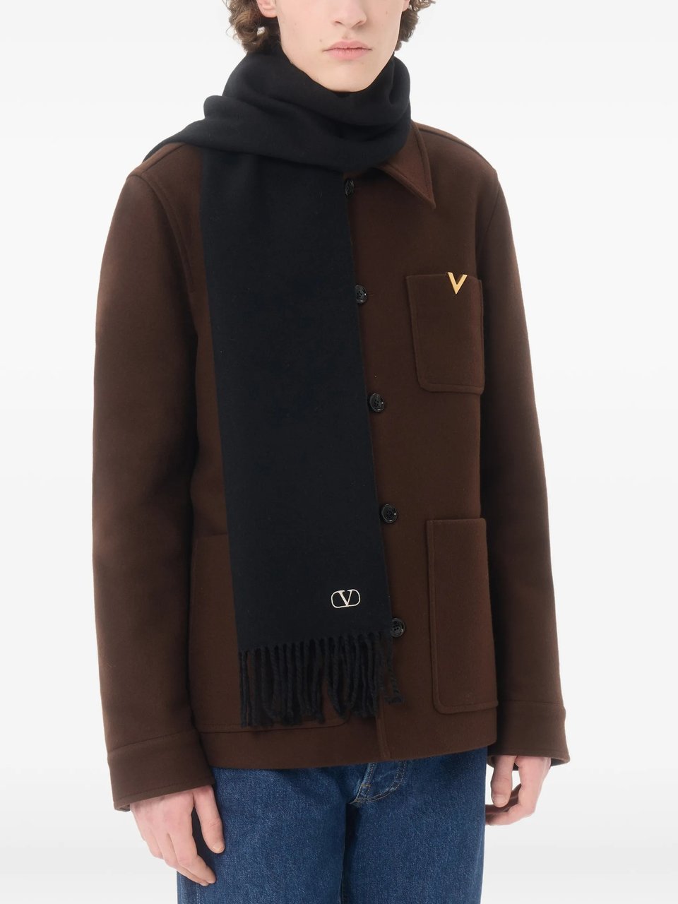 Valentino Fringed Black Wool Scarf with Minimalist Embroidery Zwart