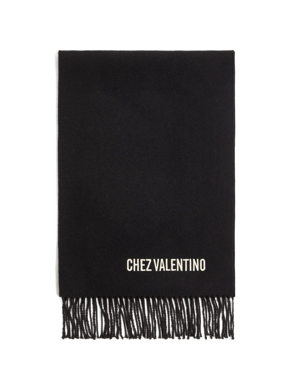 Valentino Fringed Black Wool Scarf with Minimalist Embroidery Zwart
