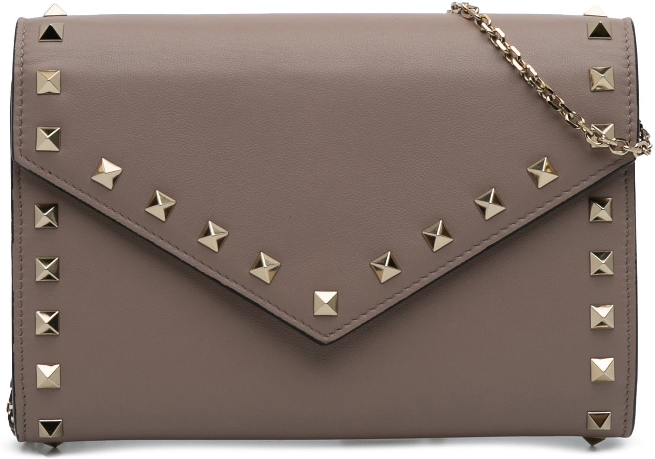 Valentino Calfskin Rockstud Envelope Wallet on Chain Bruin