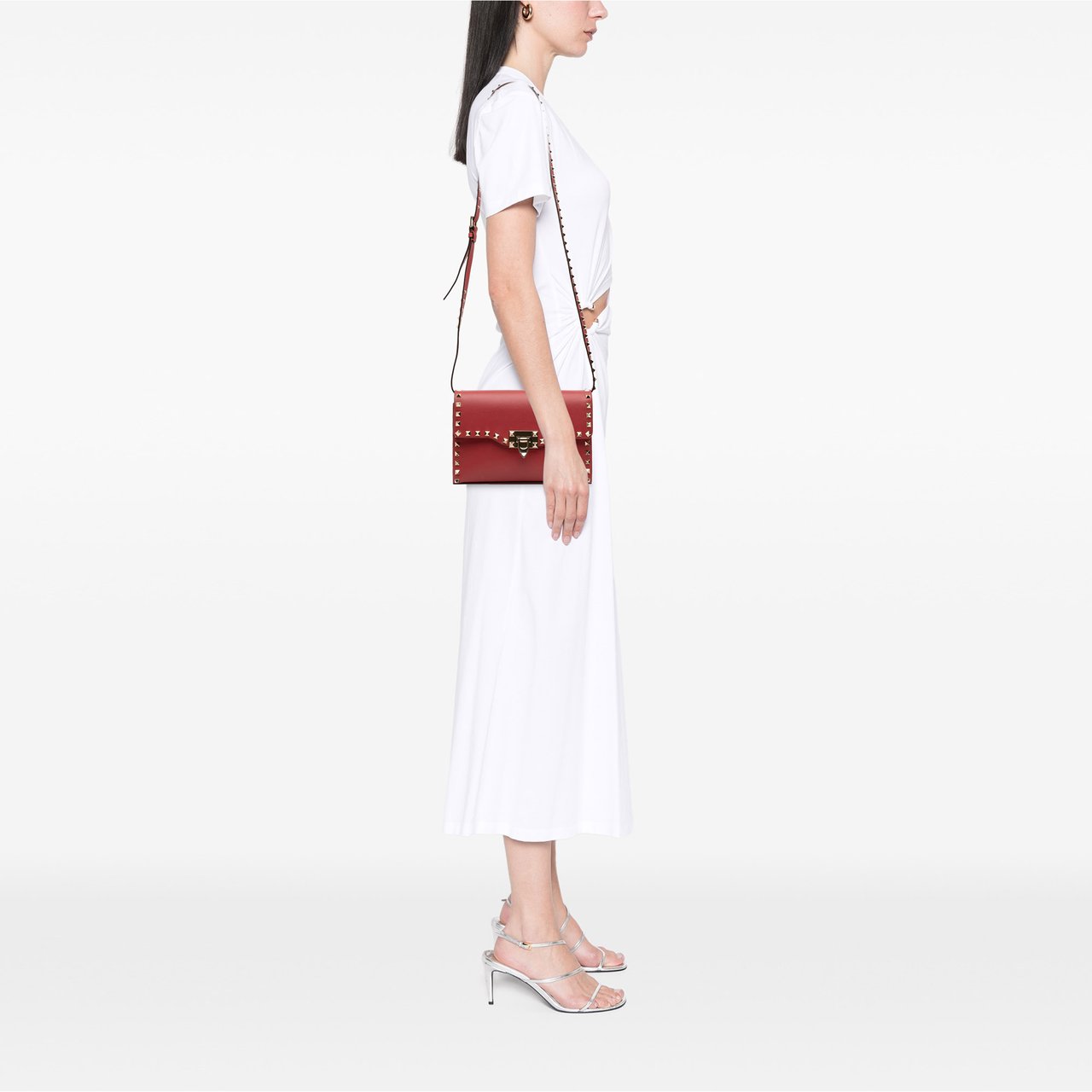 Valentino Small Leather Rockstud Flap Crossbody Rood