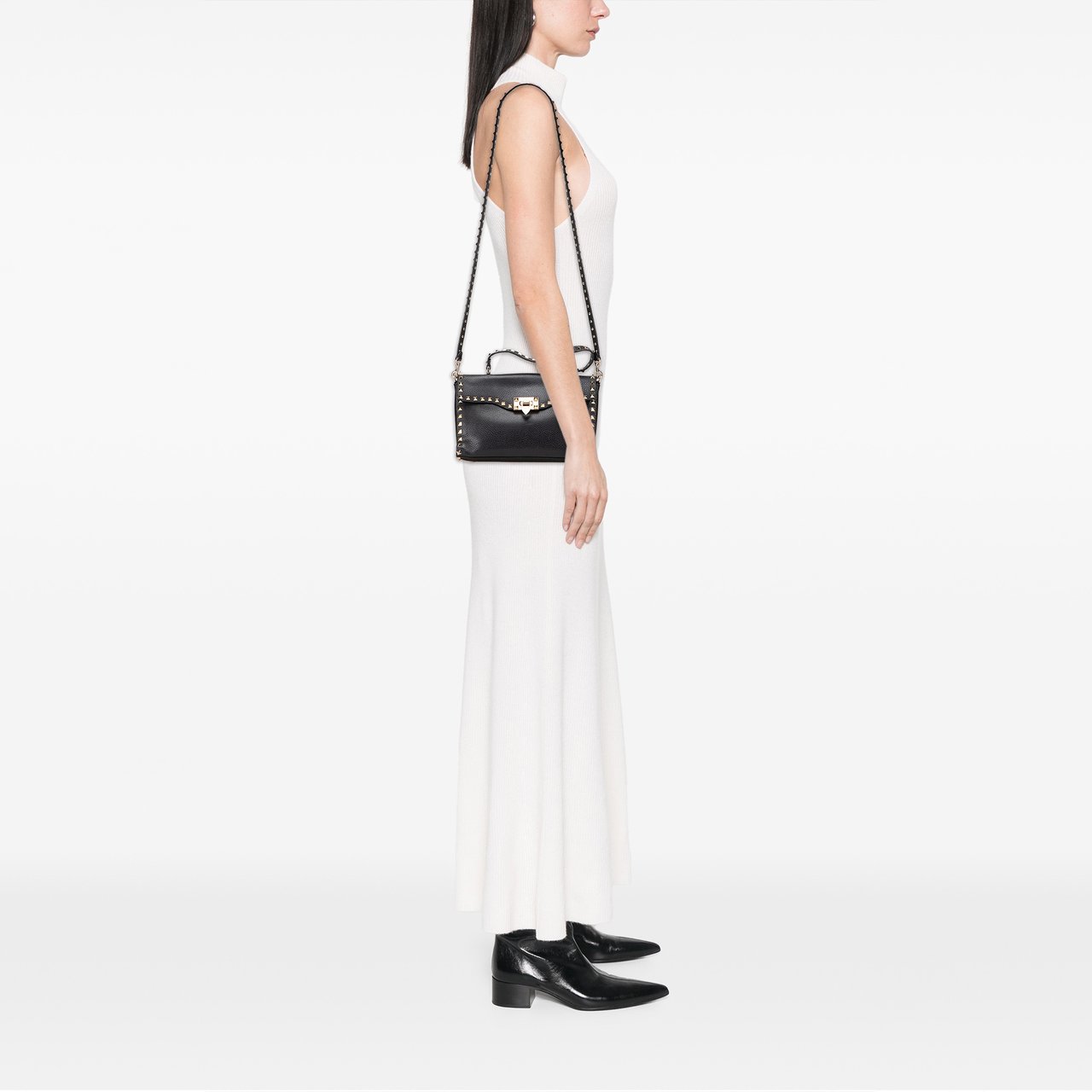 Valentino Small Pebbled Calfskin Rockstud Single Handle Flap Zwart