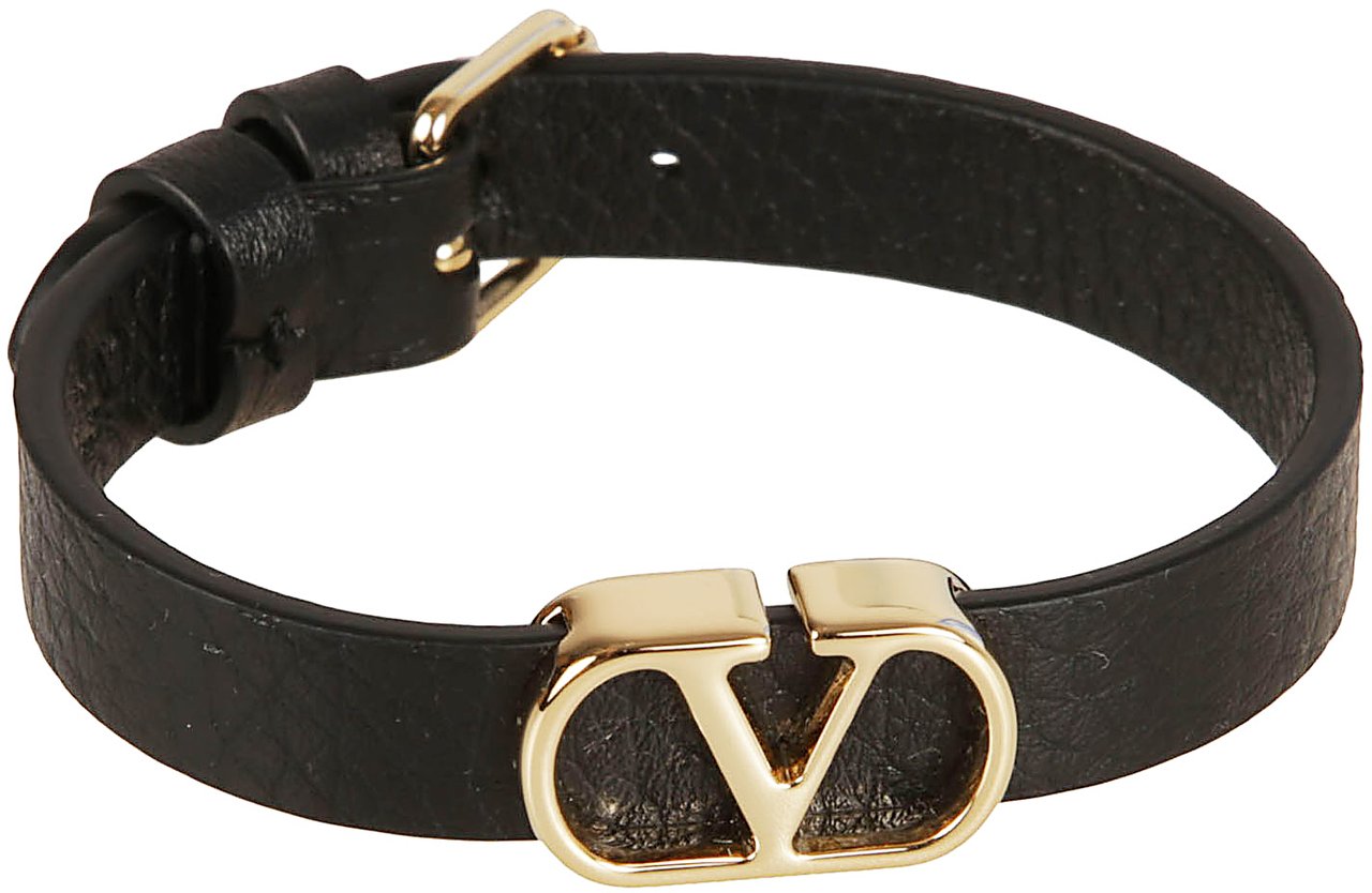 Valentino Garavani Textured Black Leather Bracelet with VLogo Signature and Adjustable Closure Zwart