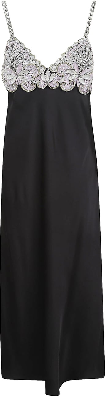 Valentino Garavani Floral Embellished Black Leather Midi Dress Zwart