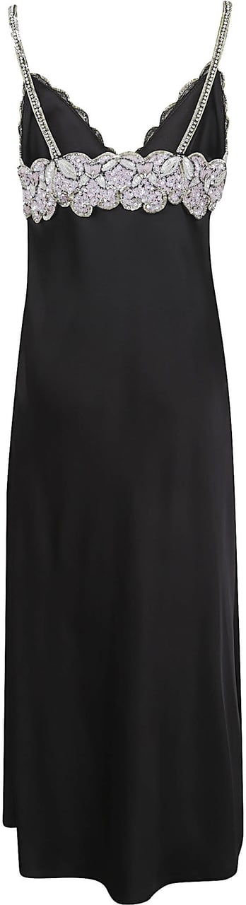 Valentino Garavani Floral Embellished Black Leather Midi Dress Zwart