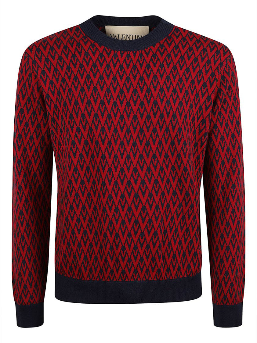 Valentino Garavani Red Geometric Pattern Crew Neck Sweater Rood