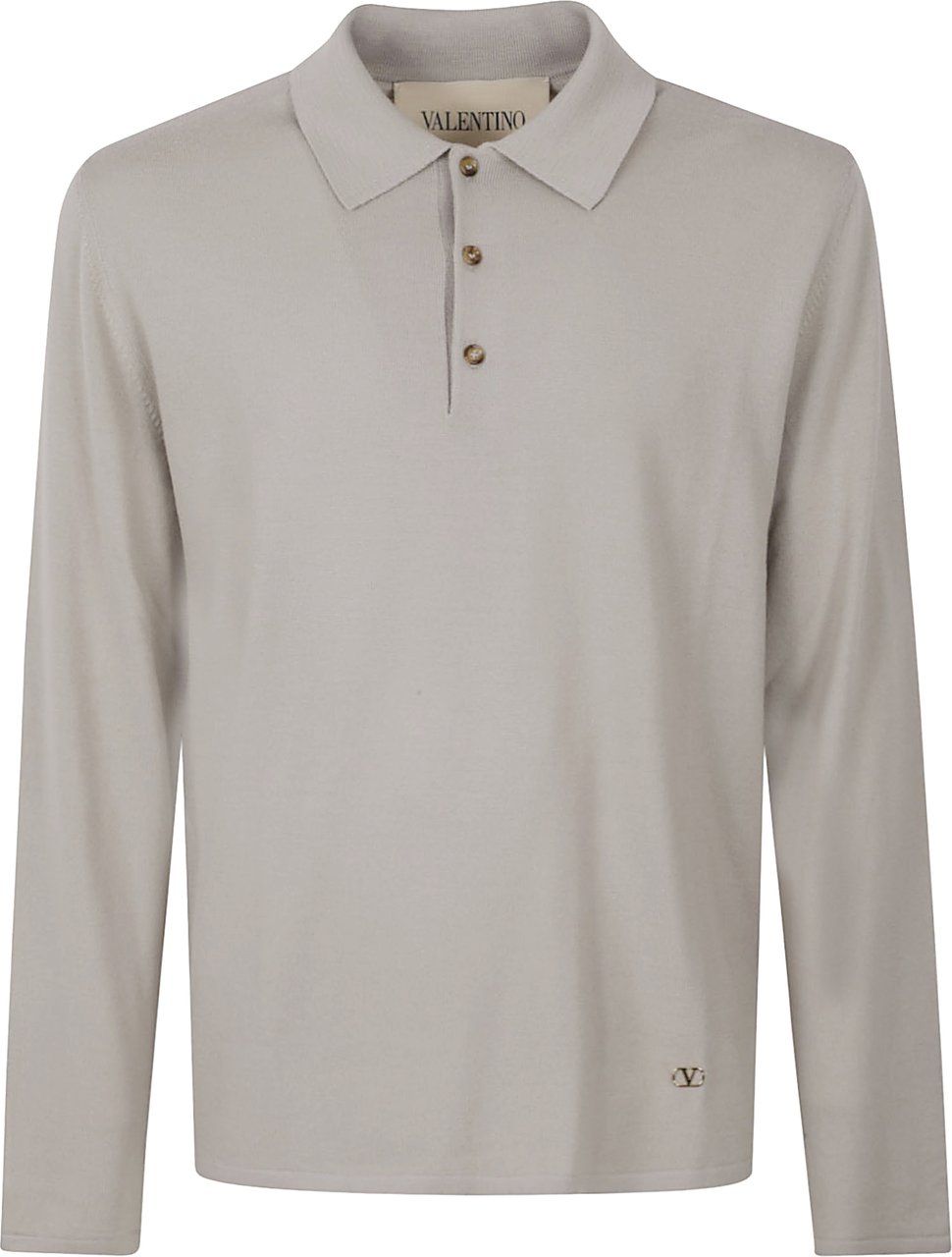 Valentino Garavani Long-Sleeve Polo Shirt with VLogo in Fine Virgin Wool Grijs