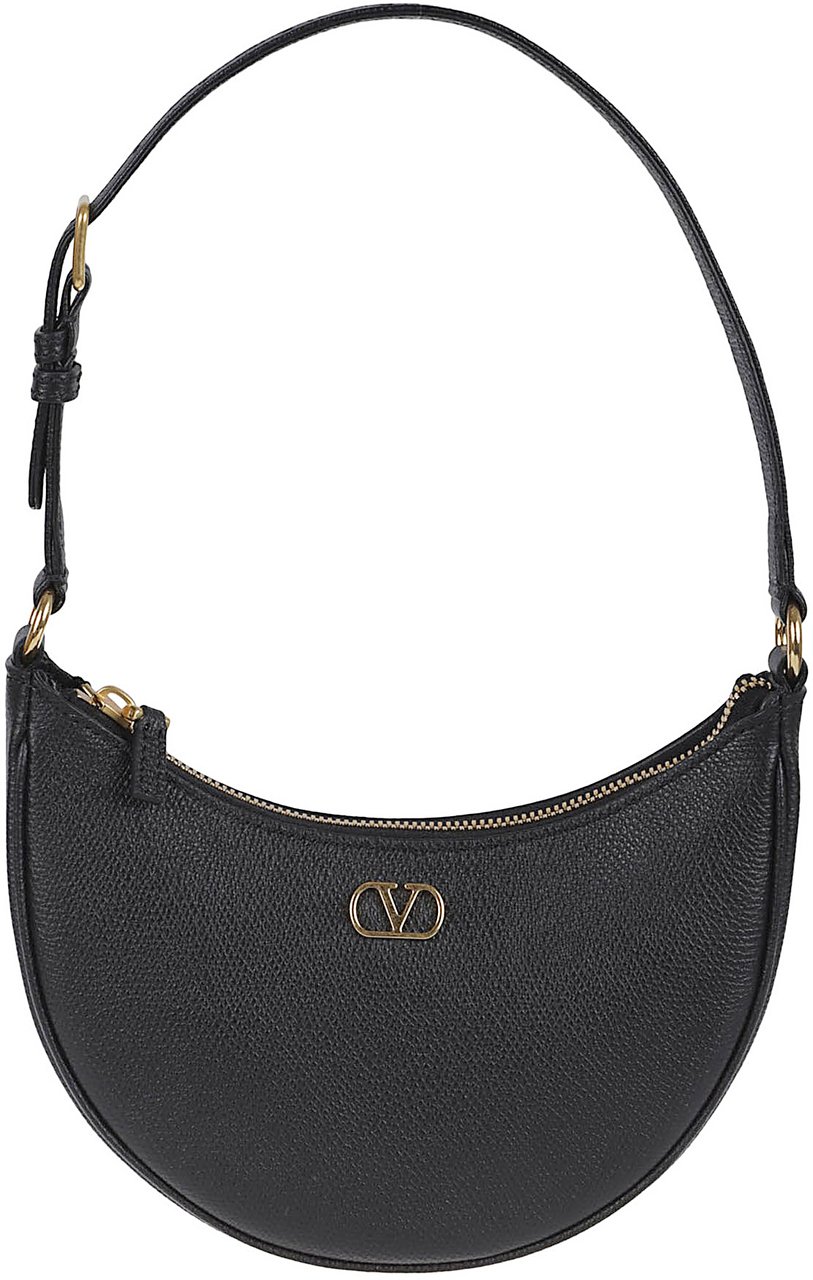Valentino Garavani Grainy Calfskin Mini Hobo Bag with Antique Brass Hardware Zwart
