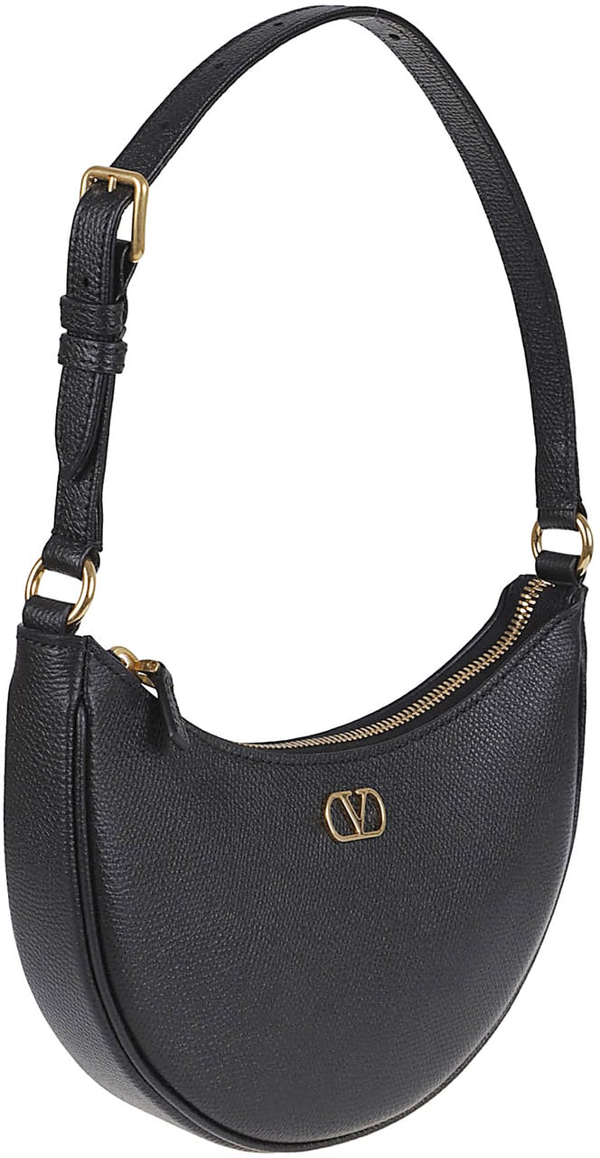 Valentino Garavani Grainy Calfskin Mini Hobo Bag with Antique Brass Hardware Zwart