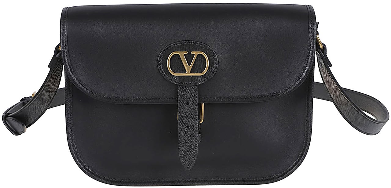 Valentino Garavani Smooth Black Leather Crossbody Bag with Gold Hardware and Vlogo Signature Zwart