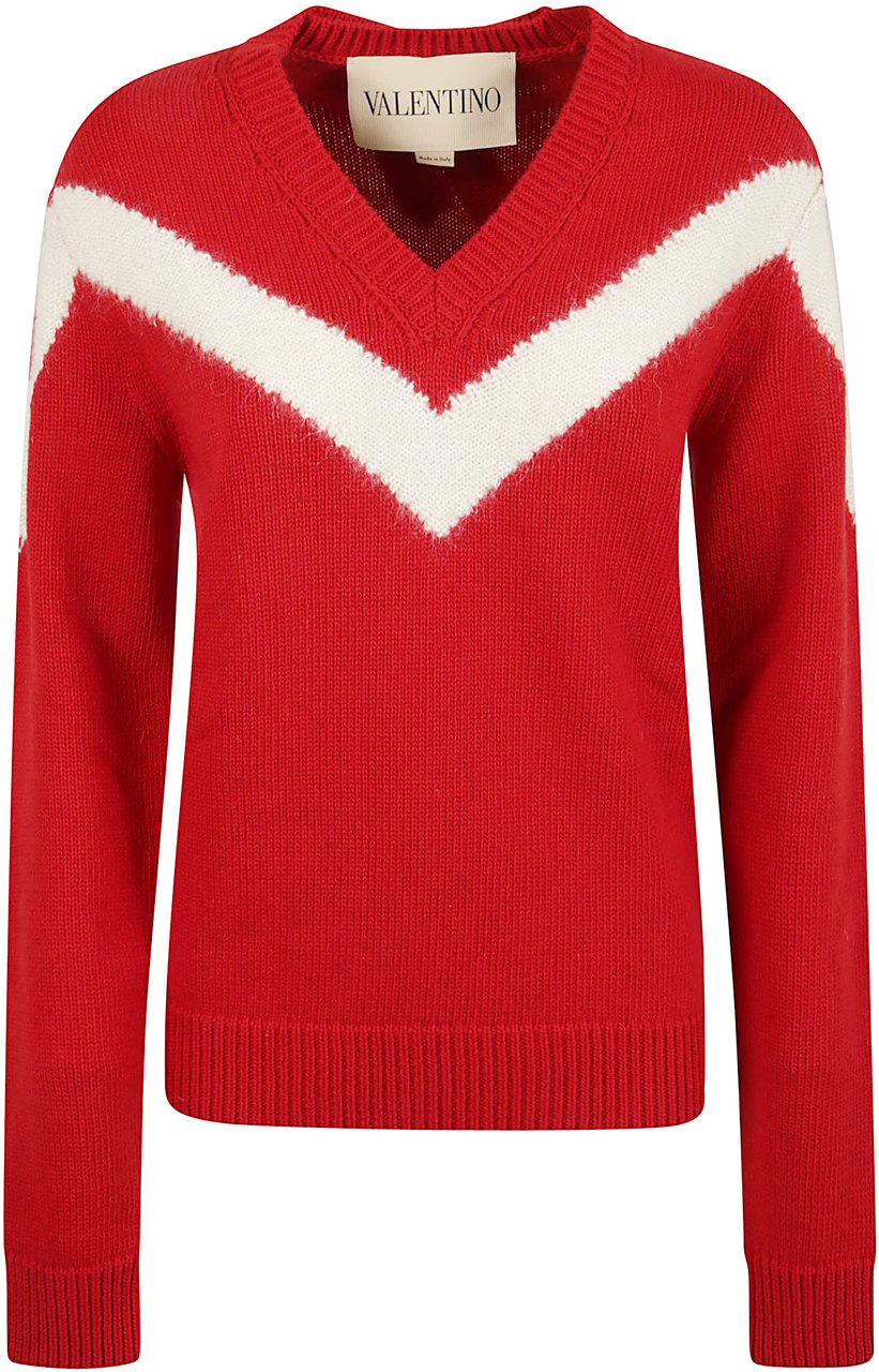 Valentino Garavani V-Neck Red Wool Sweater With Contrasting Inlay Rood