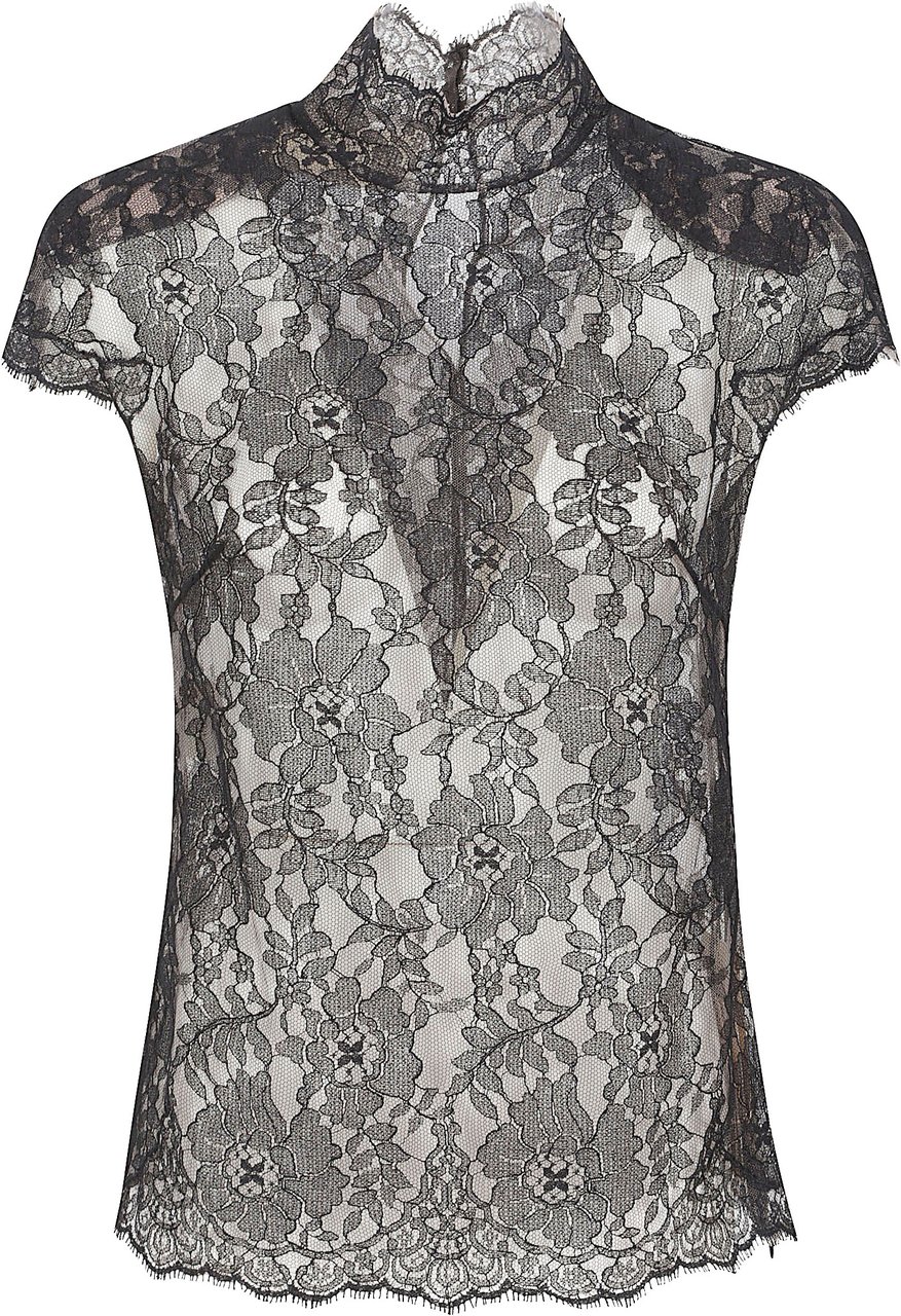 Valentino Garavani Intricately Patterned Sheer Lace Top with Scalloped Edges Grijs