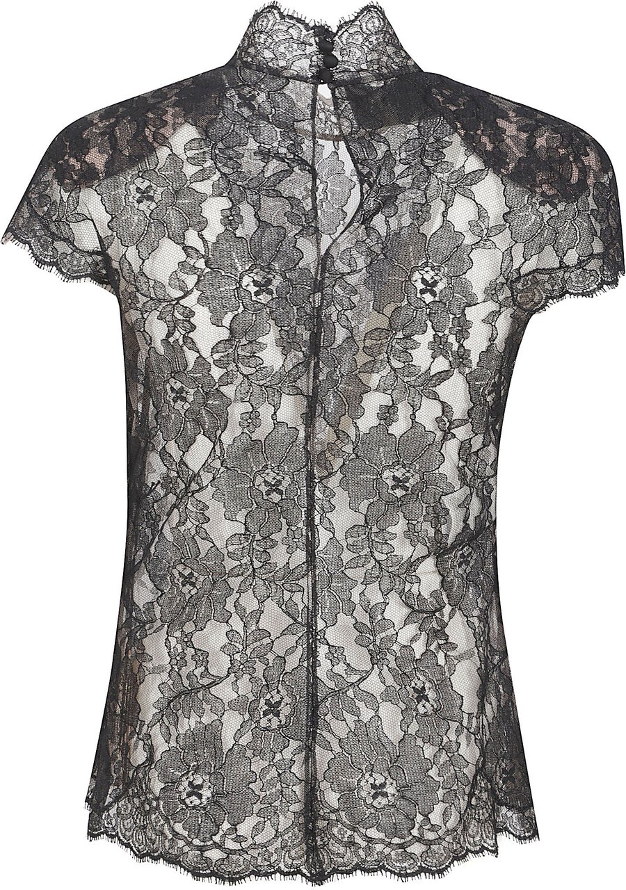 Valentino Garavani Intricately Patterned Sheer Lace Top with Scalloped Edges Grijs