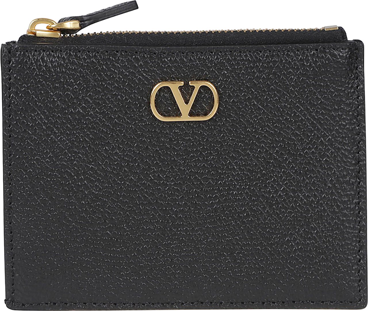 Valentino Garavani Textured Calf Leather Wallet with Gold-tone Logo Zwart
