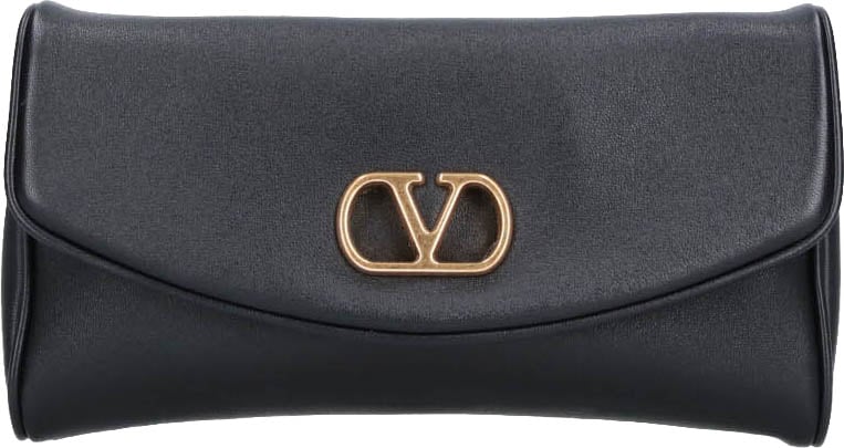 Valentino Garavani Black Structured Gold Emblem Leather Bag Zwart