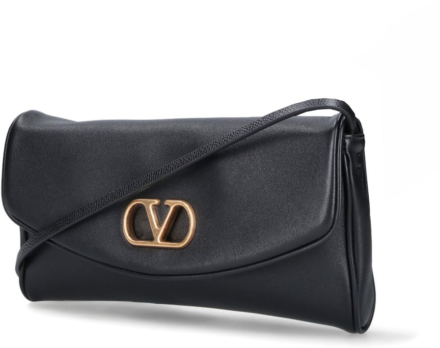 Valentino Garavani Black Structured Gold Emblem Leather Bag Zwart