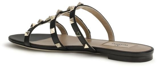 Valentino Garavani Black Calf Leather Bos Taurus Flat Sandals Zwart