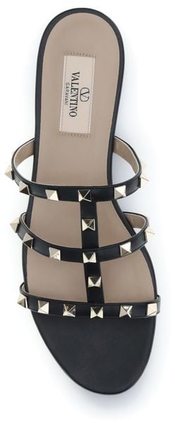 Valentino Garavani Black Calf Leather Bos Taurus Flat Sandals Zwart