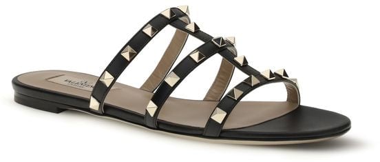 Valentino Garavani Black Calf Leather Bos Taurus Flat Sandals Zwart
