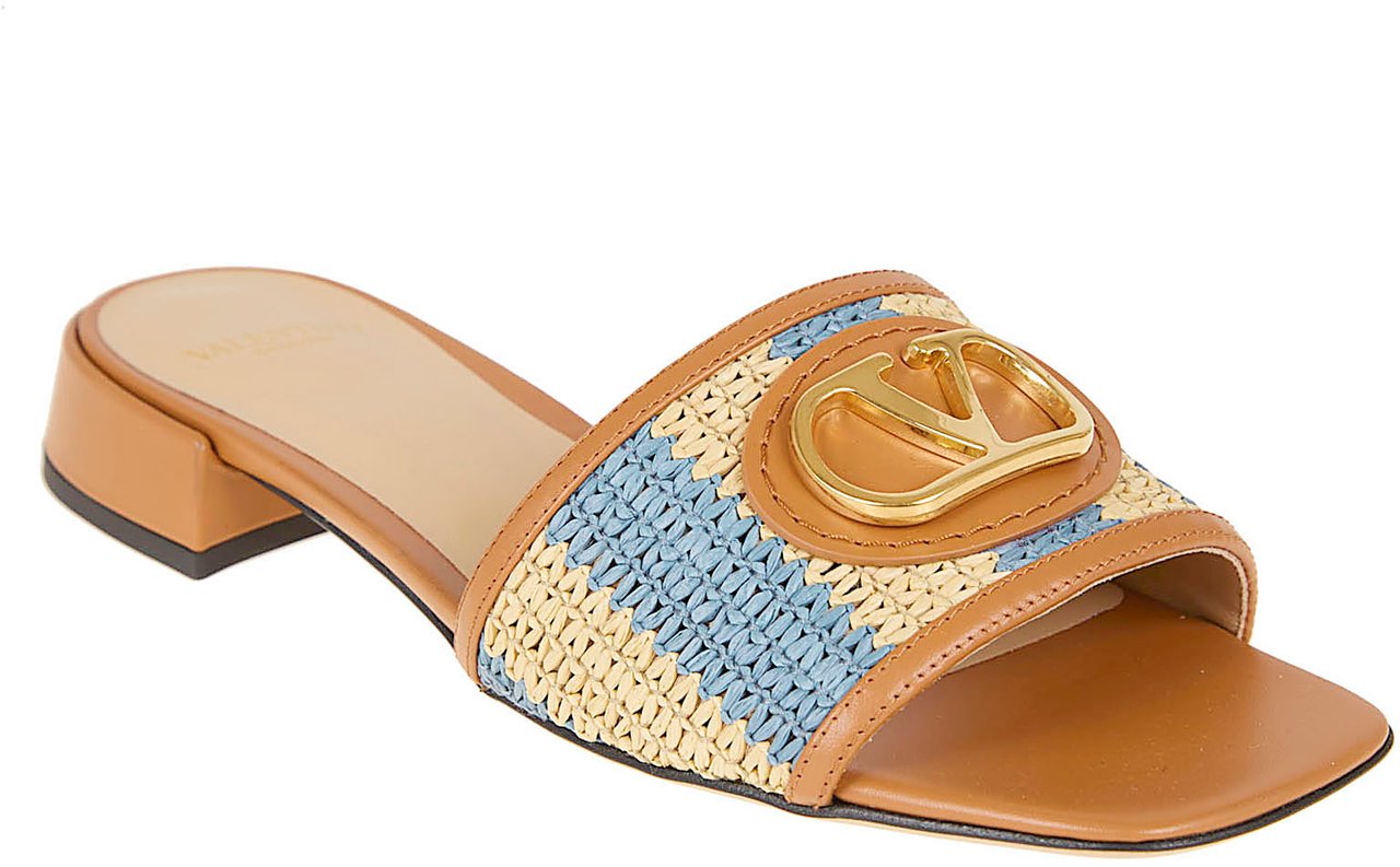 VALENTINO GARAVANI SLIDE | VLOGO SIGNATURE | T. 20 | CROCHET RAFIA STRIPES/VITELLO/A. BRASS L Beige