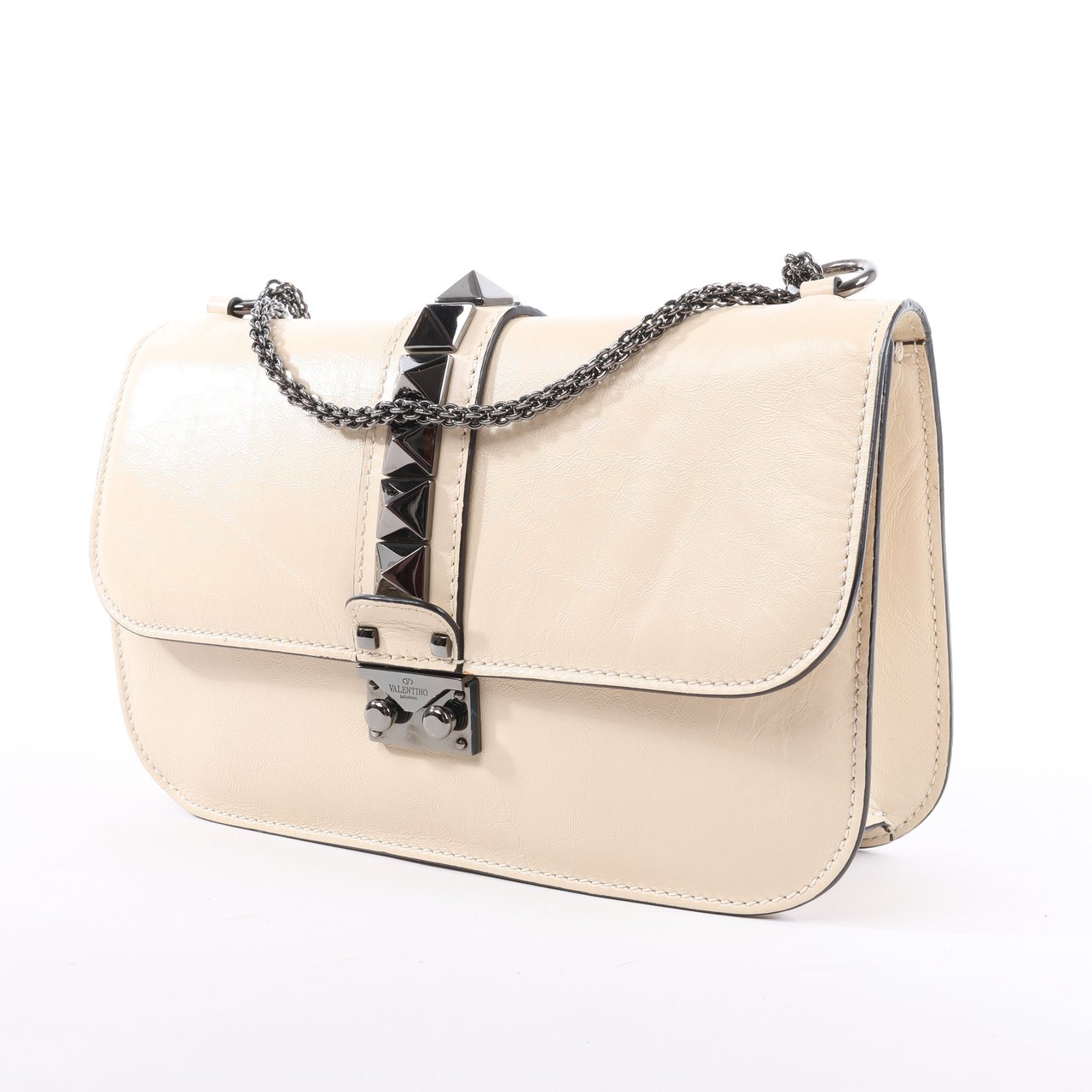 Valentino Garavani Valentino Rockstud Glam Lock Leather Chain Shoulder Bag in Beige Beige