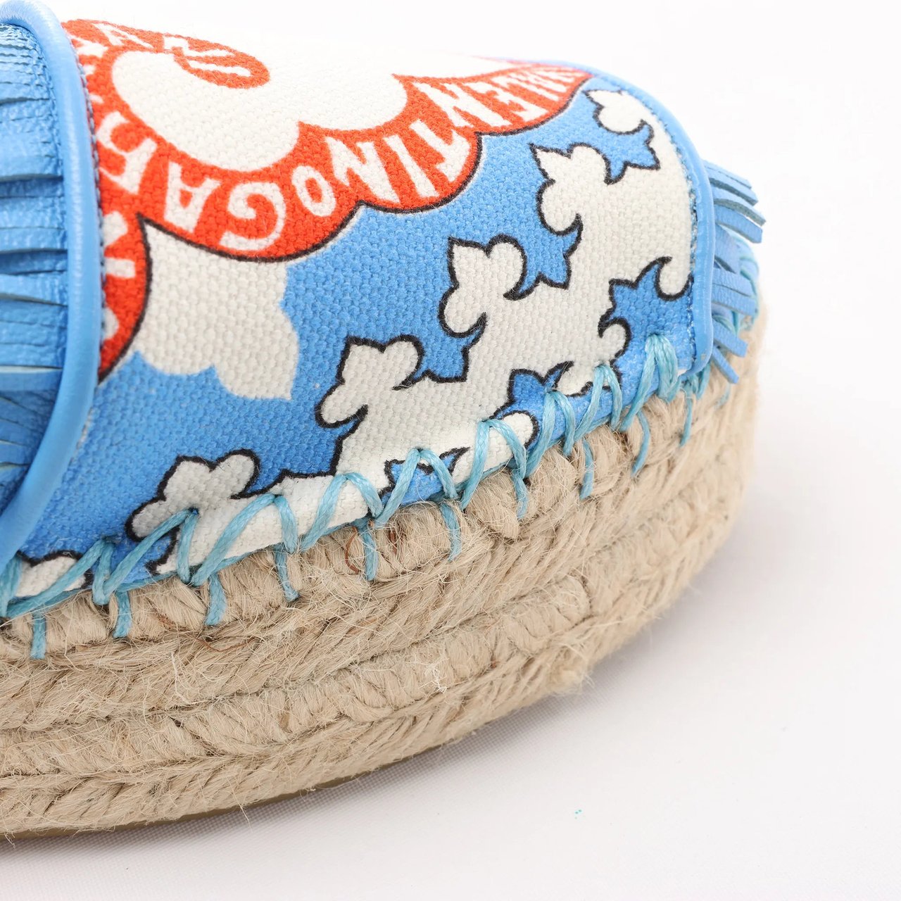 Valentino Garavani Tassels Fringe Canvas & Leather Espadrilles Sandals in Blue, Size 37 EU Blauw