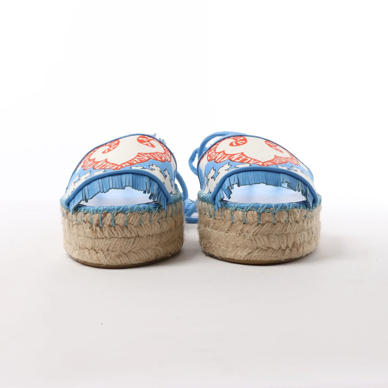 Valentino Garavani Tassels Fringe Canvas & Leather Espadrilles Sandals in Blue, Size 37 EU Blauw