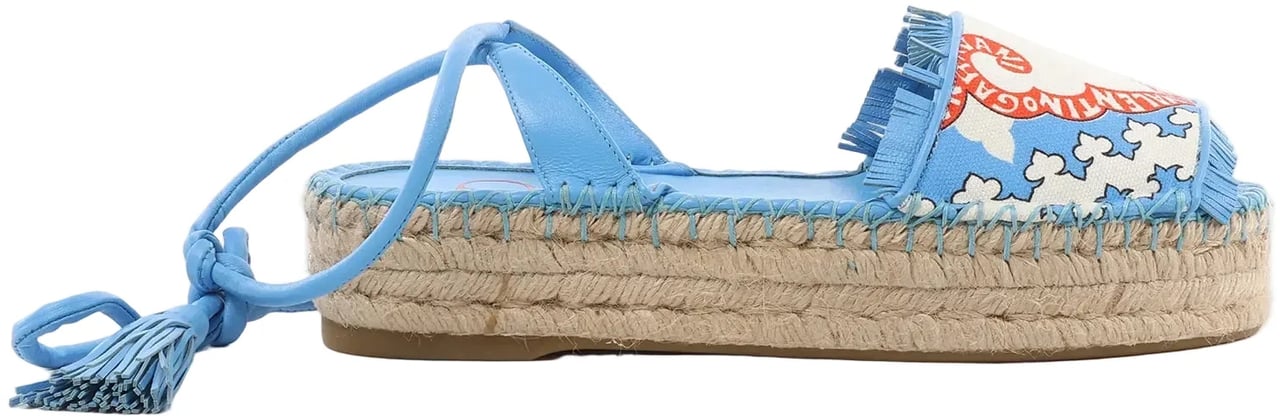 Valentino Garavani Tassels Fringe Canvas & Leather Espadrilles Sandals in Blue, Size 37 EU Blauw