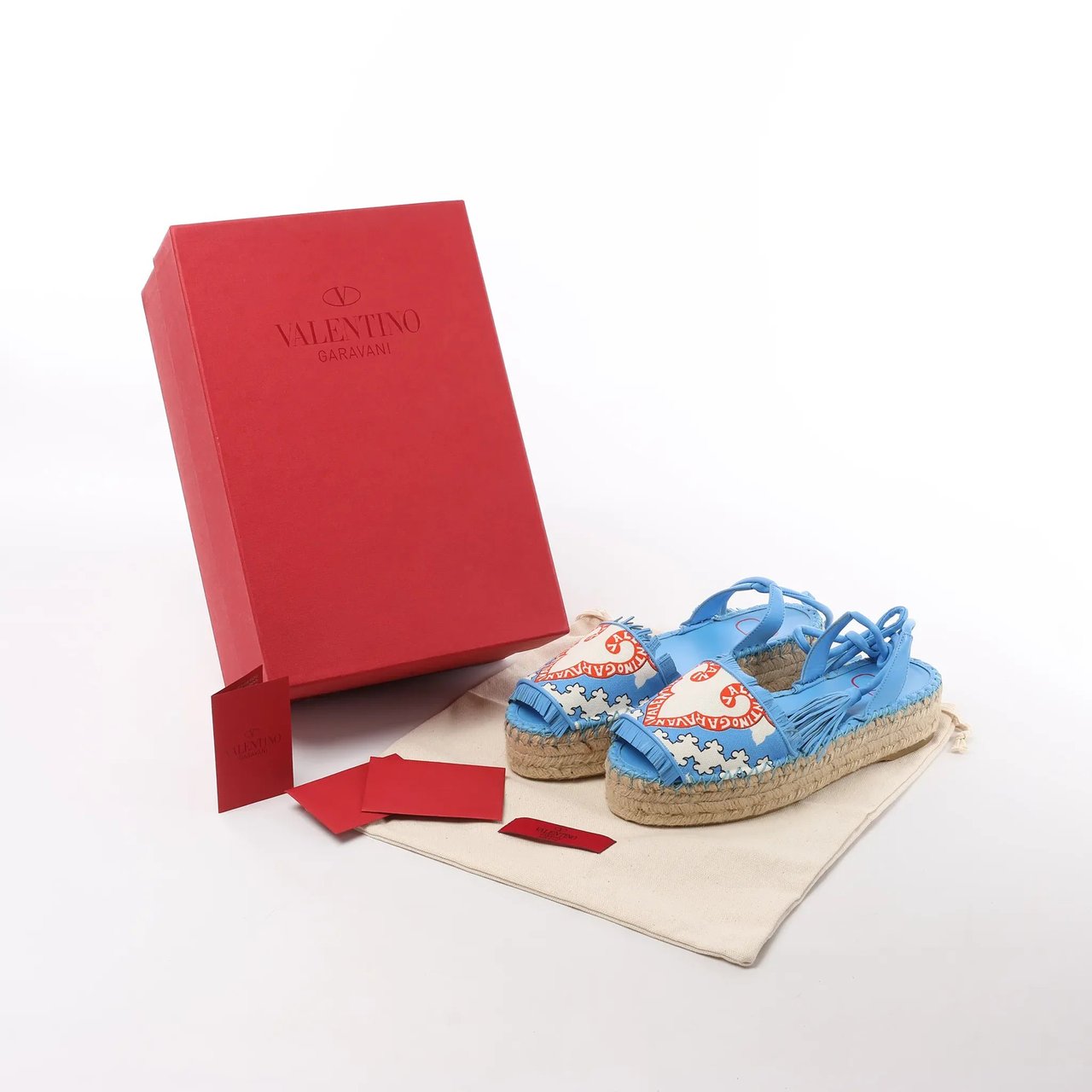Valentino Garavani Tassels Fringe Canvas & Leather Espadrilles Sandals in Blue, Size 37 EU Blauw