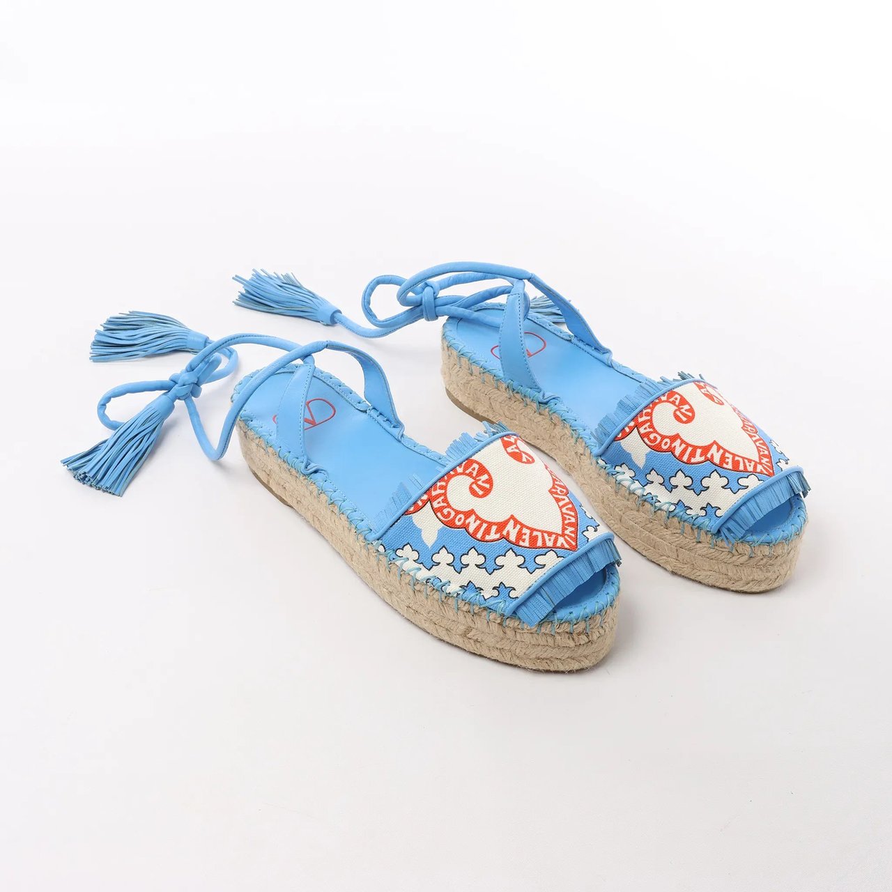 Valentino Garavani Tassels Fringe Canvas & Leather Espadrilles Sandals in Blue, Size 37 EU Blauw