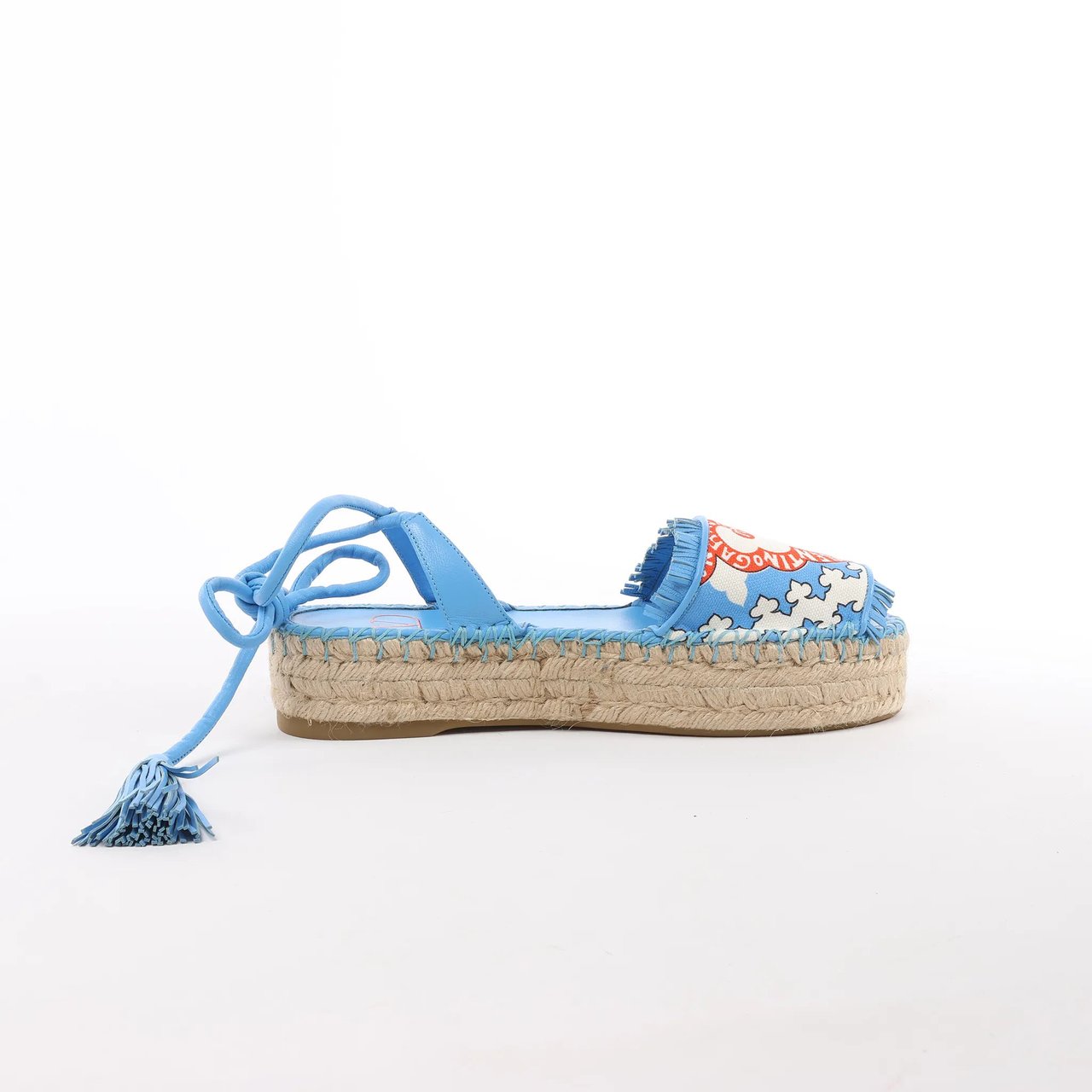 Valentino Garavani Tassels Fringe Canvas & Leather Espadrilles Sandals in Blue, Size 37 EU Blauw