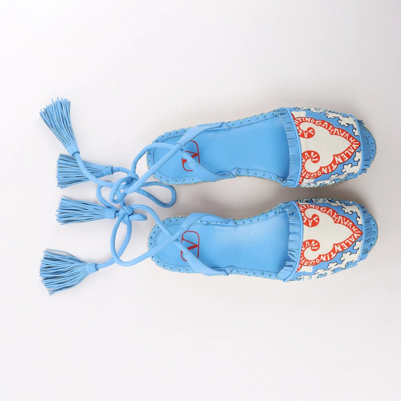 Valentino Garavani Tassels Fringe Canvas & Leather Espadrilles Sandals in Blue, Size 37 EU Blauw
