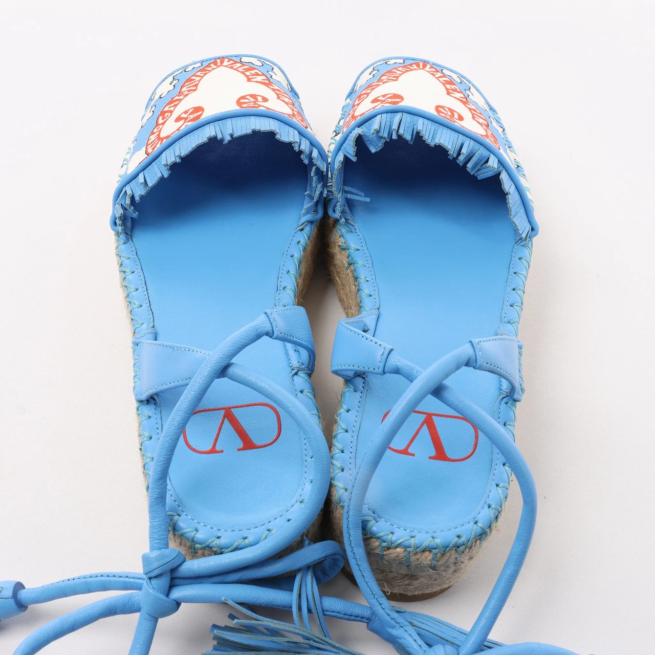 Valentino Garavani Tassels Fringe Canvas & Leather Espadrilles Sandals in Blue, Size 37 EU Blauw