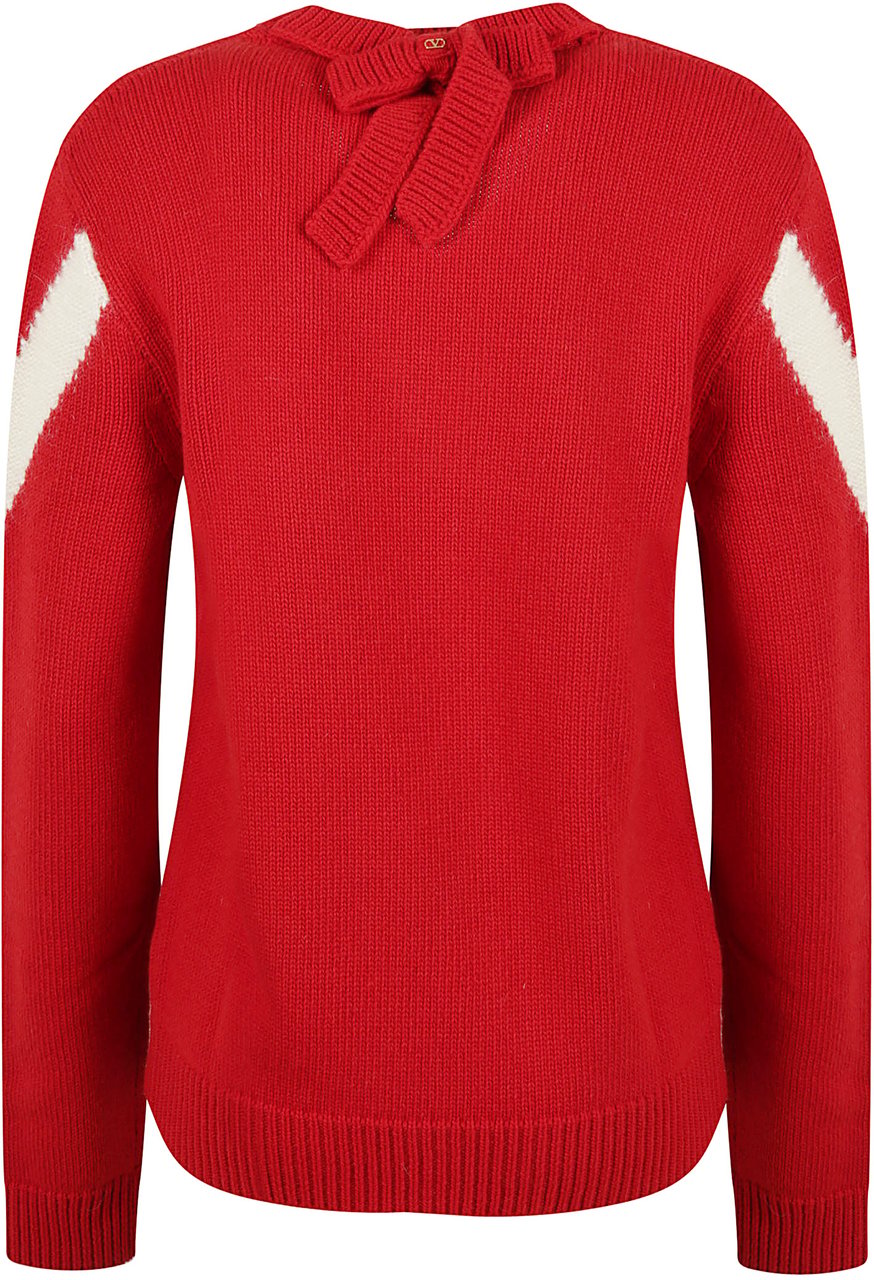 Valentino Garavani V-Neck Red Wool Sweater With Contrasting Inlay Rood