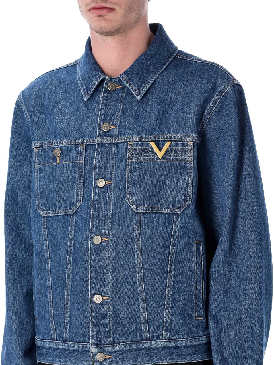 Valentino Garavani Giubbino In Denim | Vgold | Denim Lav Bl Medium Blue Denim Blauw