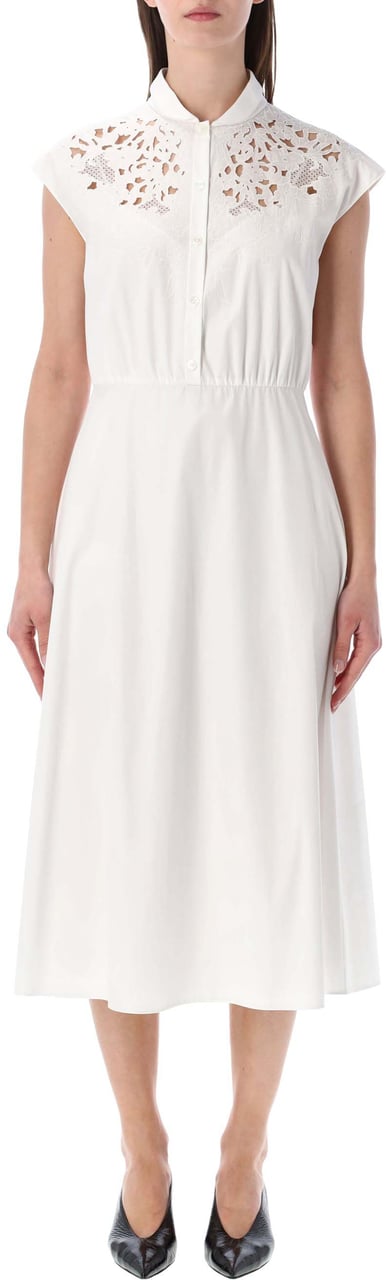 Valentino Garavani Midi Popeline Dress Ricamo Bianco Wit